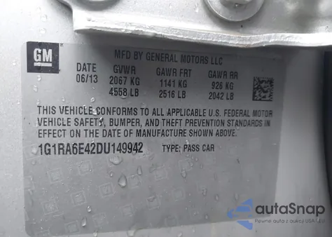 2013 Chevrolet Volt из США, поврежденный, VIN 1G1RA6E42DU149942